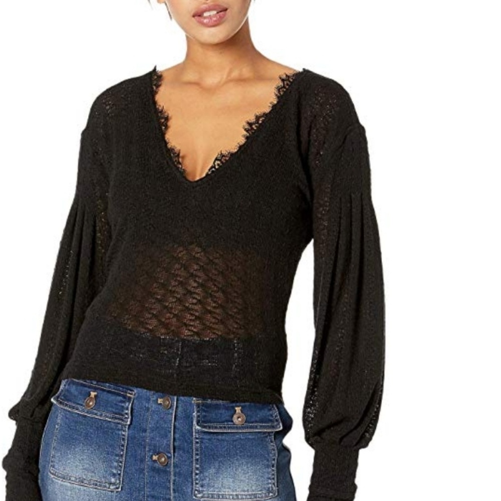 Free People Dream Girl Lace V Neck Sweatshirt Top - Picture 8 of 8